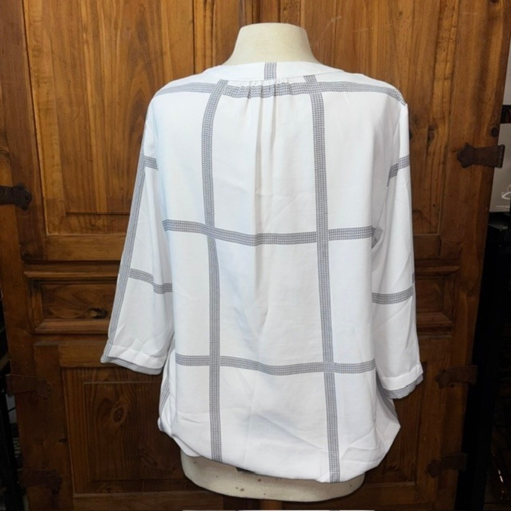41 Hawthorn Womens White Gray Windowpane Split Neck 3/4 Sleeve Blouse Medium - Picture 5 of 7